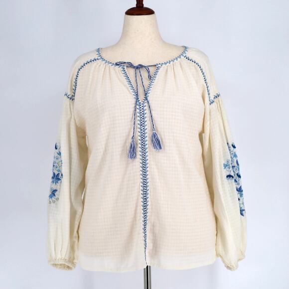 Max Studio Tops - Max Studio Women Cotton Embroidered Airy Boho Peasant Balloon Sleeve Top Size M